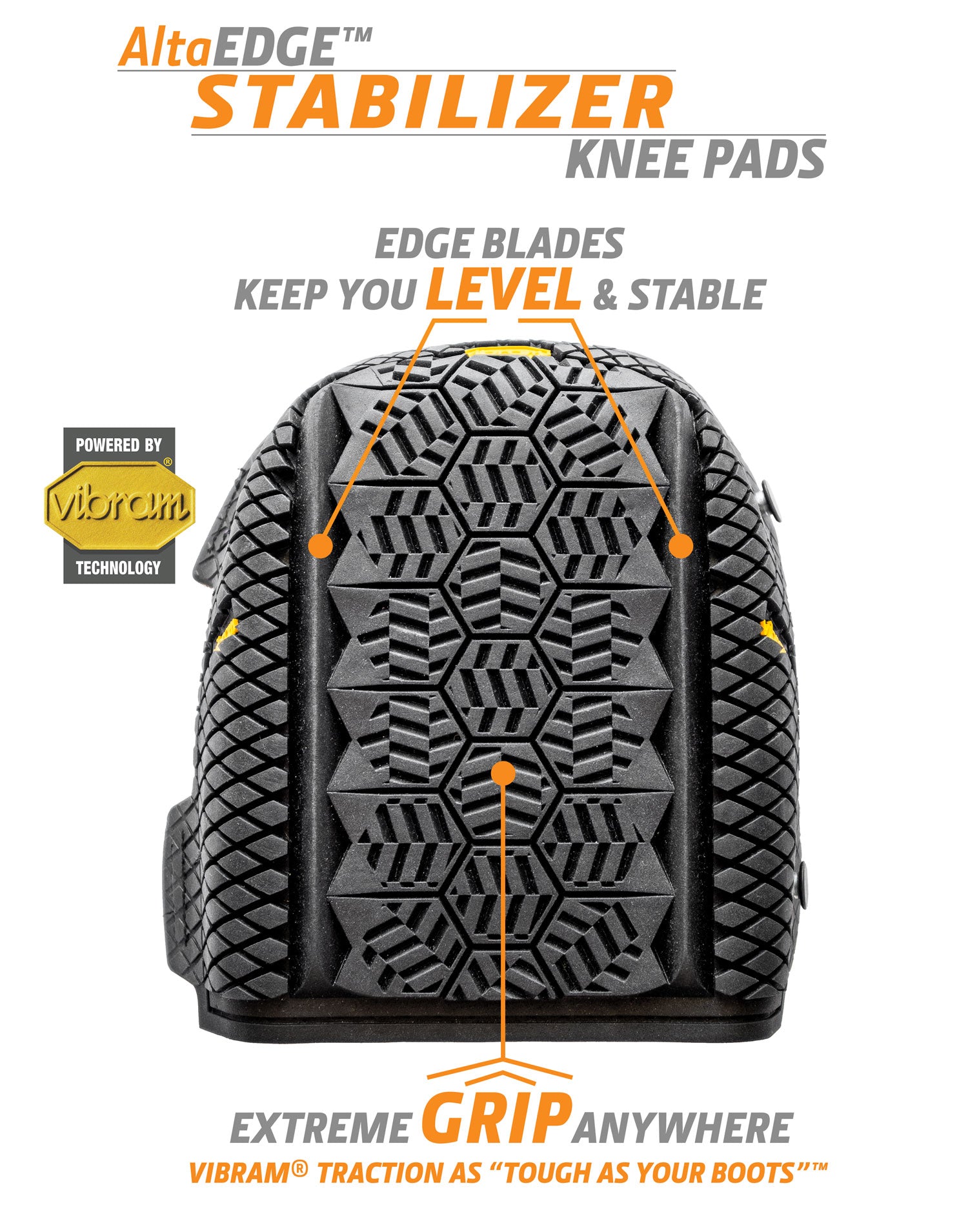 STABILIZER KNEE PAD with VIBRAM® RUBBER CAP KEEPS YOU LEVEL ON THE ROOF AND ANY UNEVEN WORK SURFACE